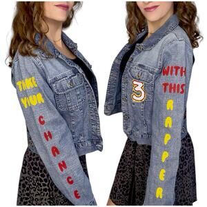 CHANCE THE RAPPER Hip Hop Rap Upcycled Hand Painted Denim Rhinestone Jacket Sz M